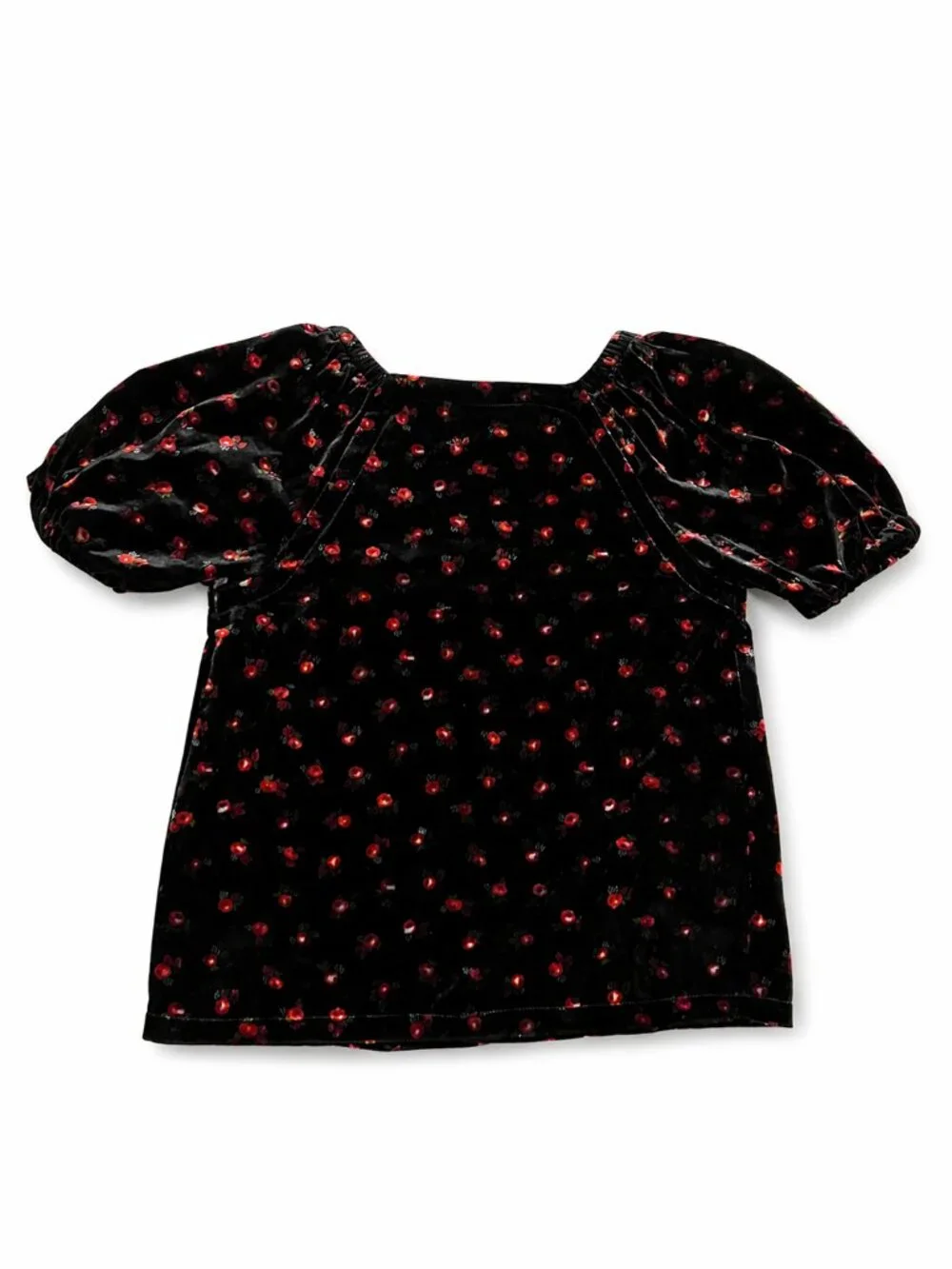 NWOT LOFT Black Velvet Red Floral Puff Sleeve Sweetheart Top XS Cottagecore